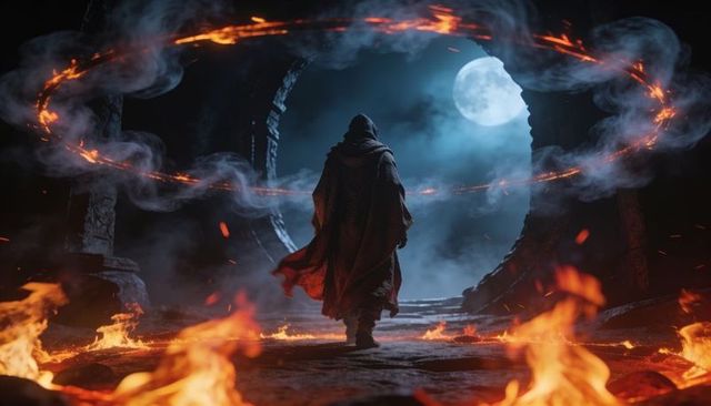 Cloaked traveler ascending ancient ruin steps toward fiery circular portal under full moon