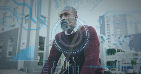 Senior Man Riding Bicycle with Futuristic Data Overlays