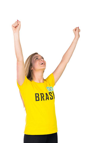 Excited Woman Celebrating in Brazil Shirt Transparent Background