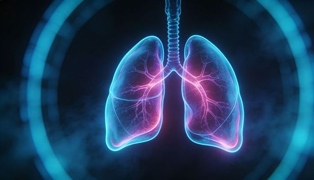 Neon 3d lungs showing glowing bronchi, tracheal segmentation and airway network