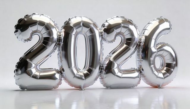 Shining silver foil balloons spelling 2026 celebrating new year metallic display