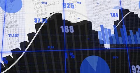 Dark area chart with white trend line and blue bars showing analytics dashboard data