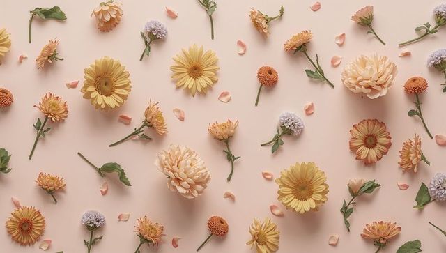 Pastel floral flatlay with scattered petals and chrysanthemum blooms on pale pink backdrop