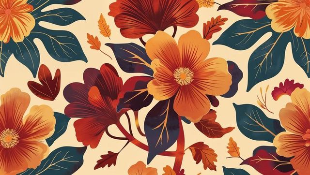 Vibrant tropical floral pattern with warm tones on beige
