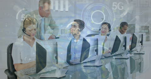 Business Team Discussing Strategies with Futuristic 5G Interface