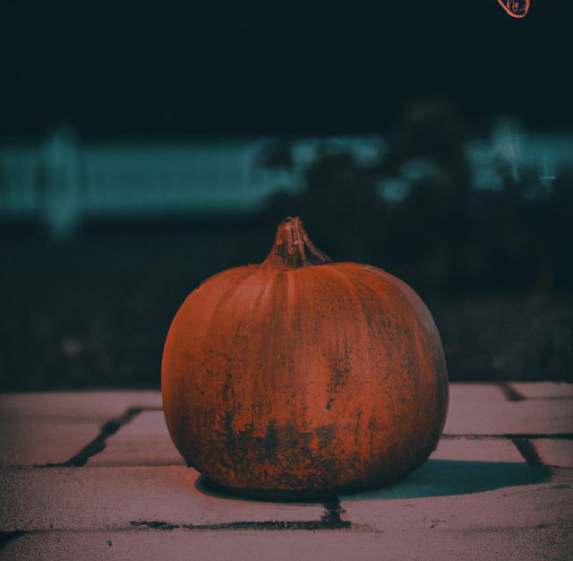 Image of close up of halloween decoration with orange pumpkin on pavement. Halloween festivity, celebration, culture and tradition concept.