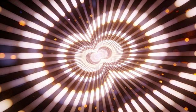 Radiating double-loop heart spiral with glowing radial beams, bokeh and light flares