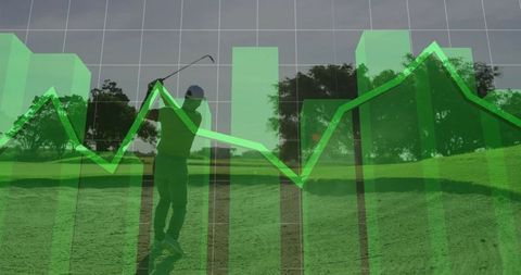 Golfer Performing Swing with 3D Graphs Overlay on Fairway