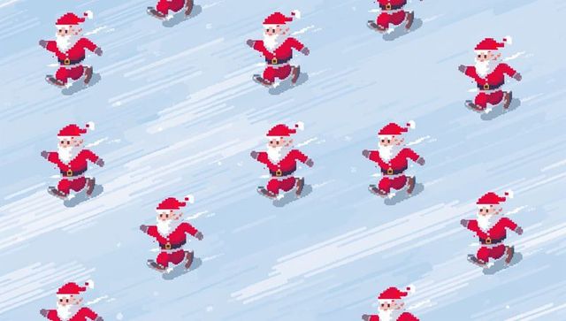 Pixel santa repeating pattern on icy blue field for retro holiday textile and gift wrap