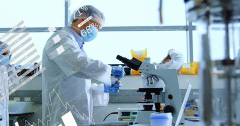 Scientist Pipette in Innovative Laboratory with Data Overlay