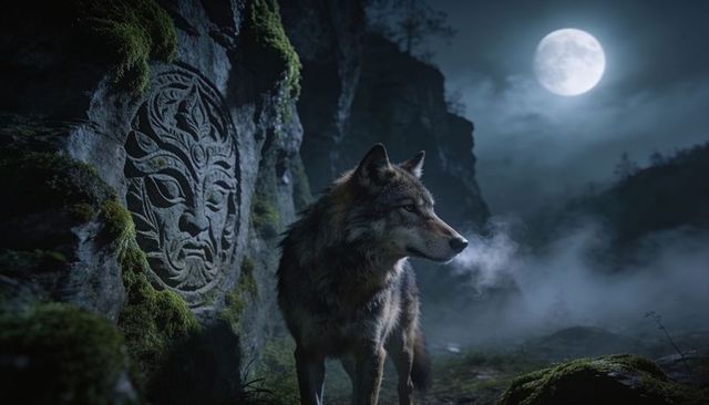 Moonlit wolf guarding ancient carved stone mask on misty canyon floor beneath full moon