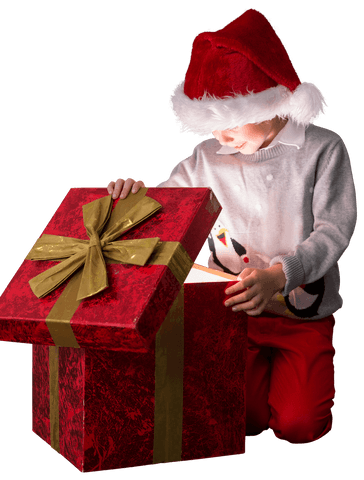 Boy Opening Festive Gift on Transparent Background