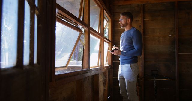 Focused Man Working with Tablet in Rustic Wooden Cabin - Download Free Stock Images Pikwizard.com