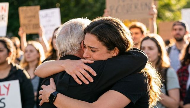Young woman hugging senior man during protest, conveying grief and solidarity in warm sunlight