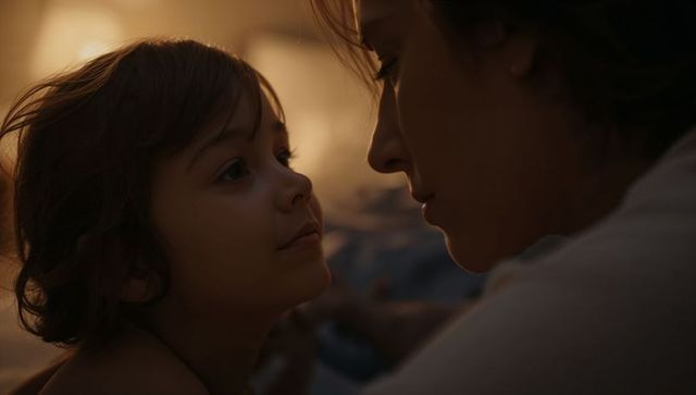 Woman cuddling young girl in warm bedroom light tender intimate nurturing parent child moment