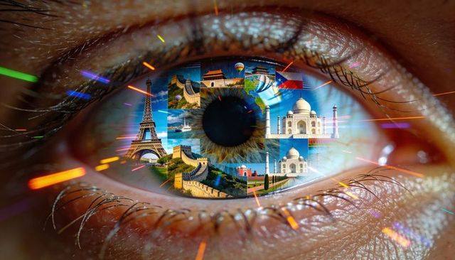 Human eye reflecting global landmarks mosaic, travel vision concept, vibrant macro close-up