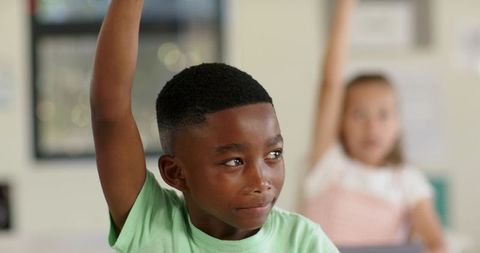 Engaged primary student raising hand in classroom, participating in lesson and learning
