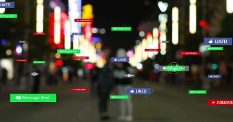 Blurred couple walking at night with social media notification overlays showing likes