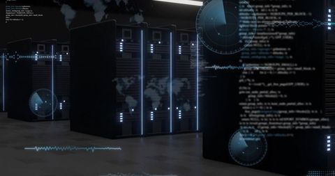 Data Center with High-Tech Server Racks and Digital Overlays