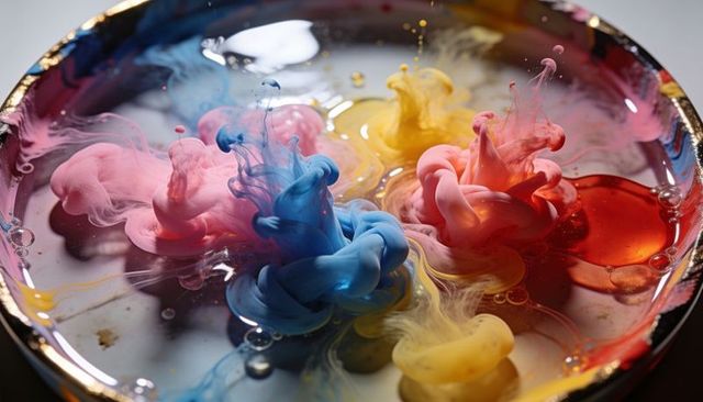 Colorful ink plumes swirling in liquid macro, blue pink yellow red pigments ribbons