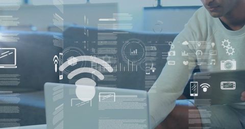 Man using tablet with digital data overlay for business analysis