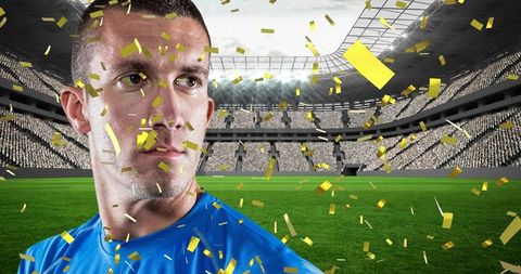 Confident Rugby Player with Gold Confetti in Stadium