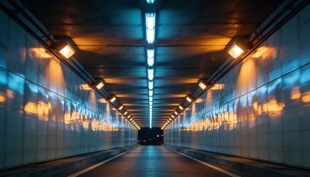 Neon-lit Underground Tunnel Interior Leading Toward Dark Exit with Reflective Walls