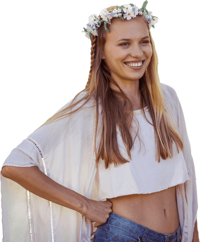 Joyful woman in flower crown with transparent background