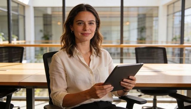 Confident professional woman holding tablet in sunlit open-plan office, focused and calm