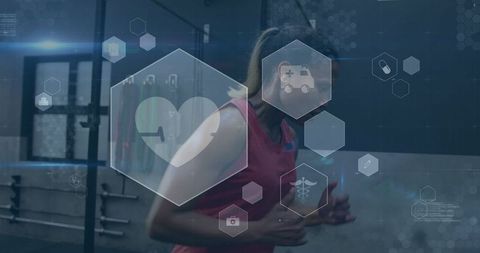 Woman Exercising Indoors with Health and Technology Overlay