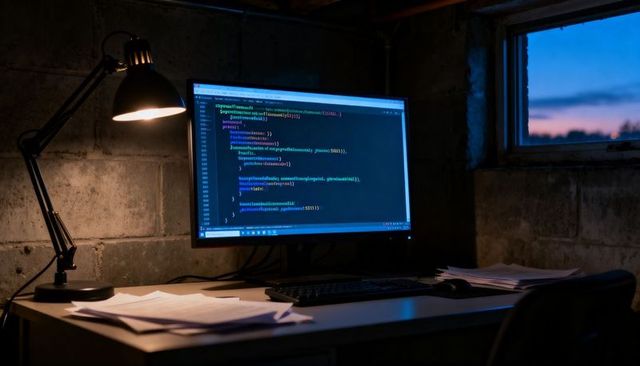 Basement coding workspace displaying source code on wide monitor with desk lamp at twilight