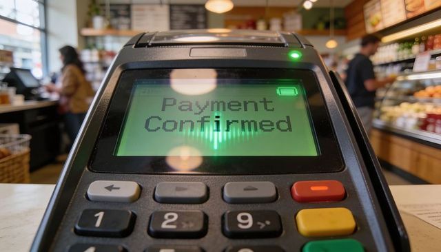 Contactless payment confirmed on countertop terminal at busy grocery checkout counter