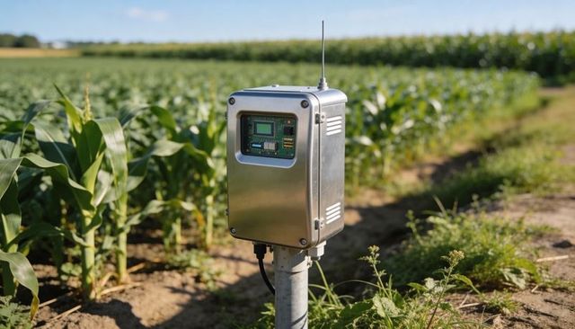 Weatherproof iot sensor enclosure with visible circuit board and antenna in cornfield monitoring
