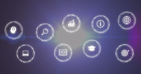 Digital Interface Icons on Purple Background with Bright Lens Flare - Download Free Stock Images Pikwizard.com