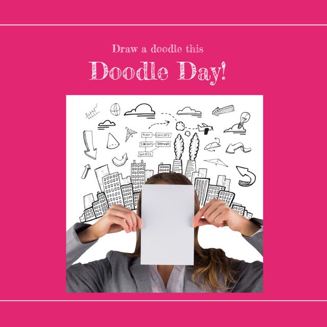 Image of draw a doodle this doodle day and caucasan woman with sheet with copy space over doodles. Drawings, creation and doodle day concept.