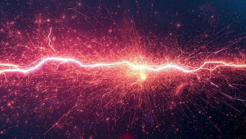 Pulsing Neon Energy Arc Crossing Center with Explosive Radial Sparks and Particle Trails