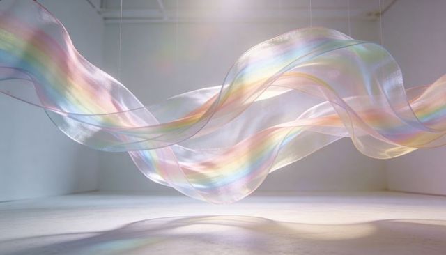 Floating Iridescent Ribbon Sculpture Undulating in Minimalist White Gallery Space