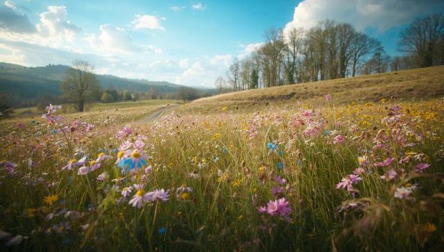 Blooming wildflower meadow with winding dirt track and rolling hills at sunlit afternoon