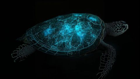 Bioluminescent Sea Turtle Drifting with Glowing Turquoise Network Shell - Cosmic Neon Illustration