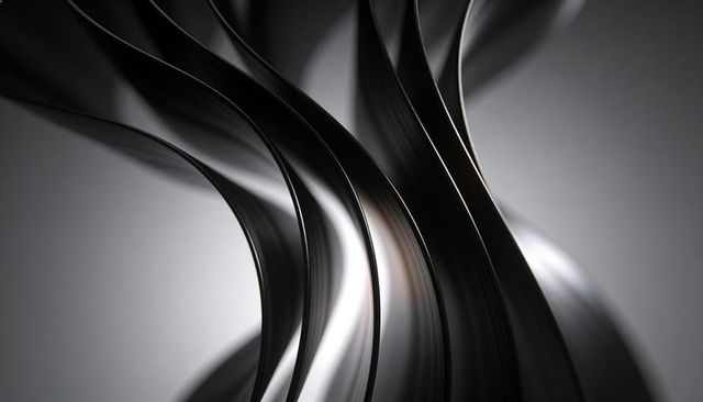 Glossy Metal Ribbons Twisting in Monochrome, Reflective Curves and Sculptural Flow