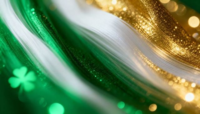 Shimmering green and gold glitter waves with shamrock bokeh abstract macro background