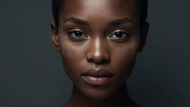 Futuristic beauty portrait of female model wearing metallic gold cheek code, closeup