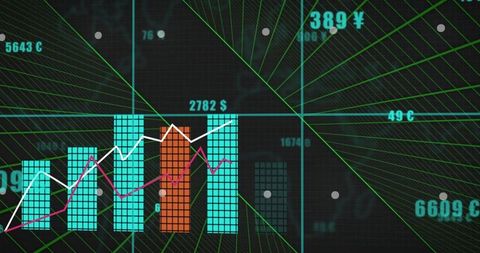Neon financial dashboard showing tiled bar chart and trend lines on dark grid interface