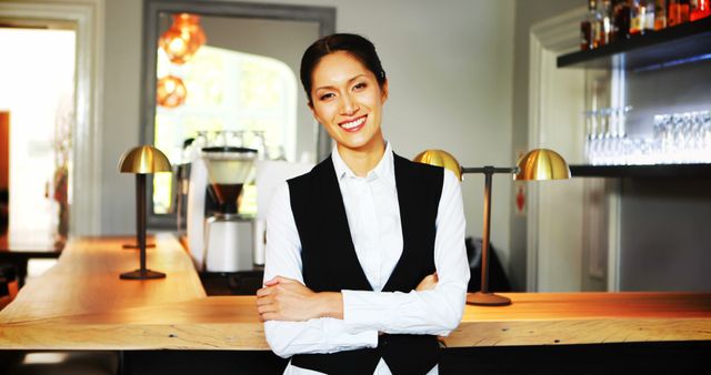 Smiling Barista Standing at Modern Cafe Counter - Download Free Stock Images Pikwizard.com