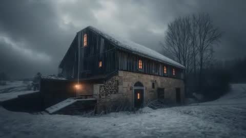 Slow push-in on moody snow-covered barn revealing warm glowing windows at twilight