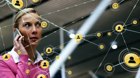 Businesswoman Communicating via Phone Amid Digital Network Lines