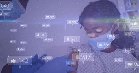 Child receiving vaccine from nurse wearing gloves and mask with social media notification overlay