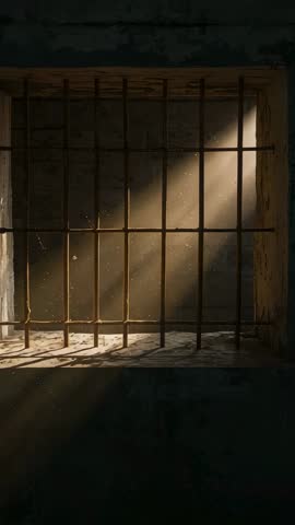 Sunbeam Cutting Through Barred Cell Window, Dust Motes Drifting, Cinematic Vertical Video