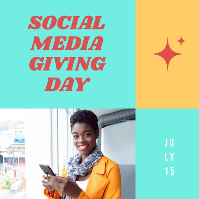 African American Woman Promoting Social Media Giving Day on July 15 - Download Free Stock Templates Pikwizard.com