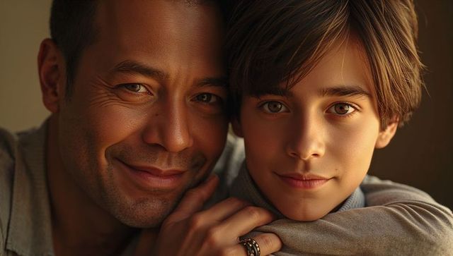 Father and teen son close-up sharing warm hug and gentle smiles, cozy knit sweaters